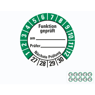 Hauptbild von Prüfplakette Funktion geprüft am... Prüfer... Nächste Prüfung, 27 - 30, weiß-grün, Standardfolie, Ø 30 mm, 10 St./Bogen