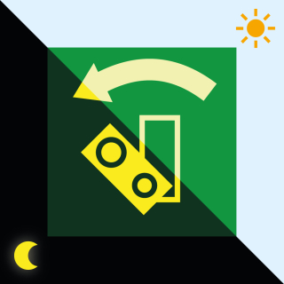 Tag- und Nachtbild PERMALIGHT® power Rettungszeichen: Ersatzschild für Türwächter Drehrichtung links, Standardfolie lang nachleuchtend, 35 x 35 mm