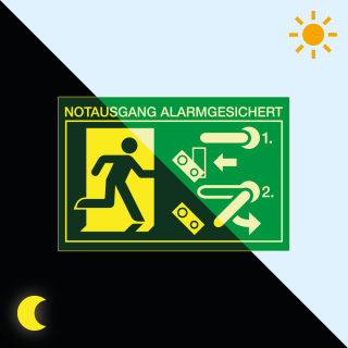 Tag-/Nachtbild PERMALIGHT® power Rettungszeichen: Schild für Türwächter Notausgang alarmgesichert rechts, Standardfolie lang nachleuchtend, 150 x 100 mm
