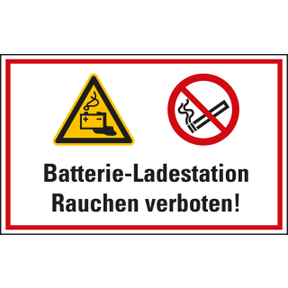 Hinweisschild Batterie-Ladestation Rauchen verboten!, zwei Piktogramme, Folie oder Kunststoff, zwei Größen