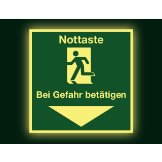 PERMALIGHT power Rettungszeichen: Nottaste bei Gefahr betätigen, ASR A2.3, Folie lang nachleuchtend, 200 x 200 mm