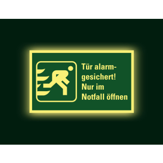 PERMALIGHT power Rettungszeichen: Tür alarmgesichert! Nur im Notfall […], Symbol und Text, ASR A2.3, Folie lang nachleuchtend, 200 x 120 mm