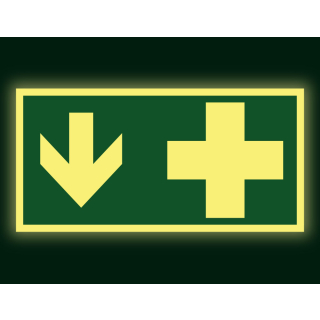 PERMALIGHT power Rettungs-Kombischild: Erste Hilfe unten, Symbol und Pfeil, ASR A2.3, Kunststoff lang nachleuchtend, 300 x 150 mm