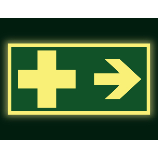 PERMALIGHT power Rettungs-Kombischild: Erste Hilfe rechts, Symbol und Pfeil, ASR A2.3, Kunststoff lang nachleuchtend, 300 x 150 mm