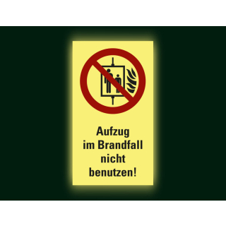 PERMALIGHT power Verbots-Kombischild: Aufzug im Brandfall nicht benutzen, Symbol und Text, ASR A2.3, Folie lang nachleuchtend, 140 x 250 mm