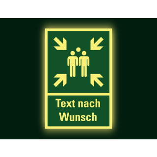 PERMALIGHT power Rettungszeichen-Kombischild: Sammelplatz mit Text nach Wunsch, ASR A2.3, Kunststoff lang nachleuchtend, 400 x 600 mm