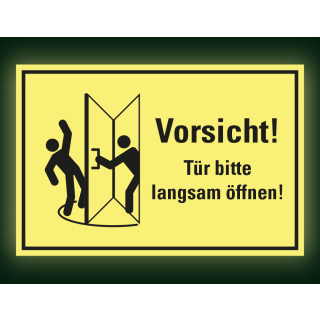 Hauptbild PERMALIGHT® power Hinweisschild: Vorsicht: Tür bitte langsam öffnen, Text und Symbol, gelb-schwarz, Standardfolie lang nachleuchtend, 300 x 200 mm