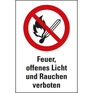 Kombi-Verbotsschild: Feuer, offenes Licht und Rauchen verboten, Piktogramm & Text, ASR/ISO, Folie oder Kunststoff, zwei Größen, nur als Einzelstück