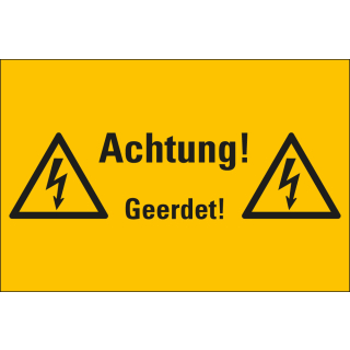 Kombi-Warnschild: Achtung! Geerdet!, zwei Blitzpfeile, RoHS konform, Folie oder Kunststoff, 300 mm x 200 mm, nur als Einzelstück