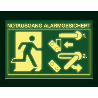 Tag-/Nachtbild PERMALIGHT® power Rettungszeichen: Schild für Türwächter Notausgang alarmgesichert rechts, Standardfolie lang nachleuchtend, 150 x 100 mm