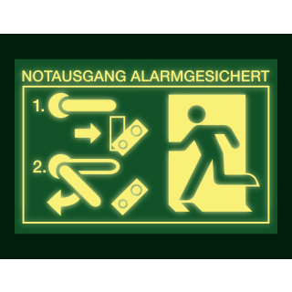 Hauptbild PERMALIGHT® power Rettungszeichen: Schild für Türwächter Notausgang alarmgesichert links, Standardfolie lang nachleuchtend, 150 x 100 mm