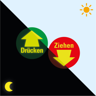 Hauptbild PERMALIGHT® power Türhinweisschild: Ziehen mit Pfeil, rot, Standardfolie nachleuchtend und fluoreszierend, Ø 100 mm