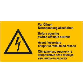 Warnschild: Vor Öffnen Netzspannung abschalten, 3-sprachig, Blitzpfeil, Folie selbstklebend, zwei Größen, nur als Einzelstück
