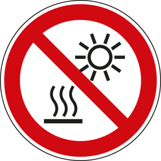 Verbotsschild: Nicht dem direkten Sonnenlicht / heißen Oberflächen aussetzen, ISO, Folie selbstklebend, Ø 50 mm, 10 St./Bogen