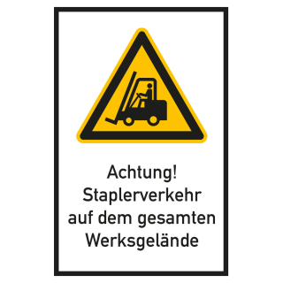 Kombi-Warnschild: Achtung! Staplerverkehr auf dem gesamten Werksgelände, Piktogramm & Text, ISO, Aluminium oder Aluminium RA0, zwei Größen, nur als Einzelstück
