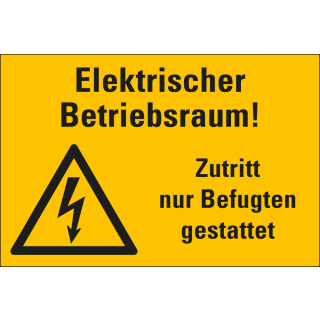 Warnschild: Elektrischer Betriebsraum! Zutritt nur Befugten gestattet, Blitzpfeil, gelb-schwarz