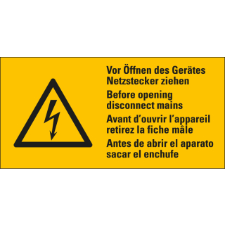 Warnschild: Vor Öffnen des Gerätes Netzstecker ziehen, 4-sprachig, Blitzpfeil, Folie selbstklebend, verschiedene Größen, 1 Stück
