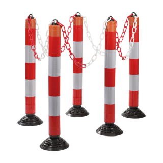 Absperrpfosten-Set LeitPin mit Zylinderfuß, rot-weiß, Kunststoff, 1050 mm, 6-teilig