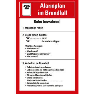 Betriebsaushang: Alarmplan im Brandfall, weiß-rot, Kunststoff, 200 mm x 300 mm, 1 Stück