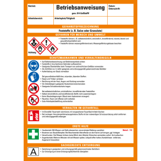 Betriebsaushang: Betriebsanweisung für Feststoffe, CLP / GHS, weiß-orange, Kunststoff, 210 mm x 297 mm, 1 Stück