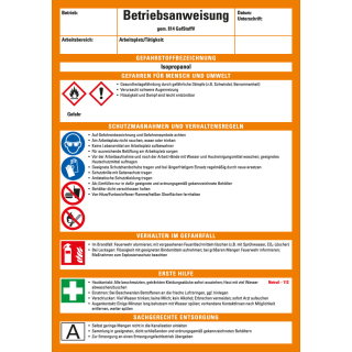 Betriebsaushang: Betriebsanweisung für Isopropanol, CLP / GHS, weiß-orange, Kunststoff, 210 mm x 297 mm, 1 Stück