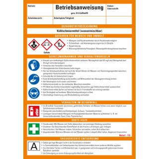 Betriebsaushang: Betriebsanweisung für Kühlschmiermittel, CLP / GHS, weiß-orange, Kunststoff, 210 mm x 297 mm, 1 Stück