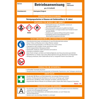 Betriebsaushang: Betriebsanweisung für Reinigungsarbeiten in Räumen mit Gefahrstoffen, CLP / GHS, weiß-orange, Kunststoff, 210 mm x 297 mm, 1 Stück