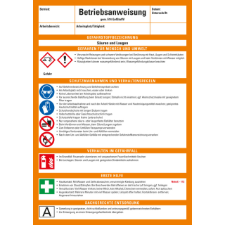 Betriebsaushang: Betriebsanweisung für Säuren und Laugen, CLP / GHS, weiß-orange, Kunststoff, 210 mm x 297 mm, 1 Stück