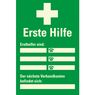 Betriebsaushang: Erste Hilfe, Ersthelfer sind... [...], grün, Kunststoff, 200 mm x 300 mm, 1 Stück