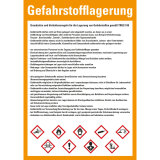 Betriebsaushang: Grundsätze und Verhaltensregeln Gefahrstofflagerung, weiß-orange, Kunststoff, 210 mm x 297 mm, 1 Stück