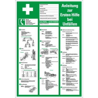 Betriebsaushang: Guide to first aid in case of accident [...], grün, Resopal, 395 mm x 575 mm, 1 Stück