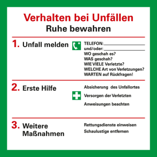 Betriebsaushang: Verhaltensregeln bei Unfällen, ASR/ISO, Kunststoff, 200 mm x 200 mm, 1 Stück