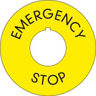 EMERGENCY-STOP-Kontrastunterlage mit Nase, gelb, doppelseitig, 2-sprachig englisch/französisch, Kunststoff, Ø 60 mm außen, Ø 22,5 mm innen, 1 Stück