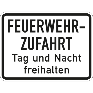 Feuerwehr-Hinweisschild: Feuerwehrausfahrt Tag und Nacht freihalten, weiß-schwarz, Aluminium RA0, reflektierend, 600 mm x 450 mm, 1 Stück