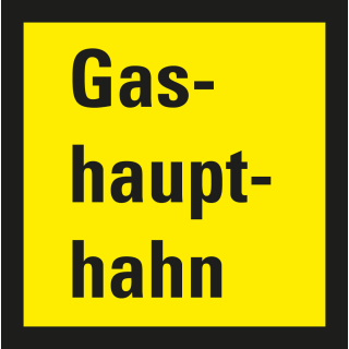 Feuerwehr-Hinweisschild: Hauptgashahn, gelb-schwarz, DIN 4066, Aluminium RA0, reflektierend, 250 mm x 250 mm, 1 Stück