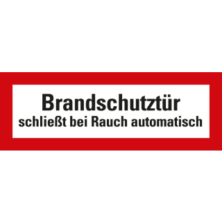 Feuerwehrzeichen: Brandschutztür schließt bei Rauch automatisch, weiß-rot, DIN 4066, Folie selbstklebend, 297 mm x 105 mm, 1 Stück