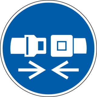 Gebotsschild: Rückhaltesystem benutzen, blau-weiß, ASR/ISO, Folie selbstklebend, Ø 50 mm, 10 St./Bogen