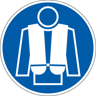 Gebotsschild: Rettungsweste benutzen, blau-weiß, Folie selbstklebend, Ø 200 mm, 1 Stück