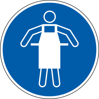 Gebotsschild: Schutzschürze tragen, blau-weiß, ASR/ISO, Folie selbstklebend, Ø 100 mm, 1 Stück