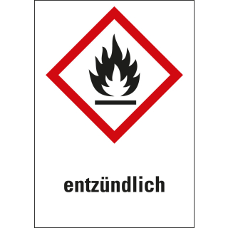 Gefahrensymbol: GHS02 Flamme mit Text entzündlich, Folie selbstklebend, 26 x 37 mm, 12 St./Bogen