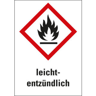 Gefahrensymbol: GHS02 Flamme mit Text leichtentzündlich, Folie selbstklebend, 26 x 37 mm, 12 St./Bogen