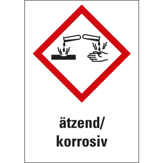 Gefahrensymbol: GHS05 Ätzwirkung mit Text ätzend/korrosiv, Folie selbstklebend, 26 x 37 mm, 12 St./Bogen
