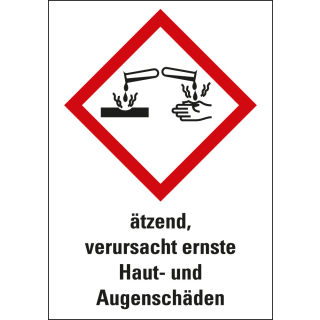 Gefahrensymbol: GHS05 Ätzwirkung mit Text ätzend, verursacht Haut- und Augenschäden, Folie selbstklebend, 26 x 37 mm, 12 St./Bogen