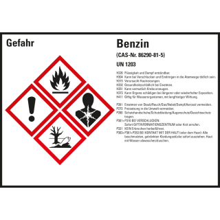 Gefahrstoffkennzeichen: Benzin UN1203, 4 GHS Symbole mit Text, Folie selbstklebend, 148 x 105 mm, 4 St./Bogen