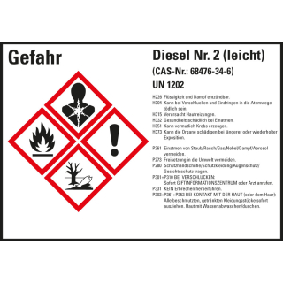 Gefahrstoffkennzeichen: Diesel Nr. 2 (leicht) UN 1202, 4 GHS Symbole mit Text, Folie selbstklebend, 148 x 105 mm, 4 St./Bogen