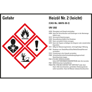 Gefahrstoffkennzeichen: Heizöl Nr. 2 (leicht) UN 1202, 4 GHS Symbole mit Text, Folie selbstklebend, 148 x 105 mm, 4 St./Bogen
