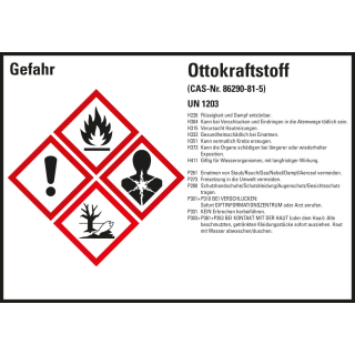 Gefahrstoffkennzeichen: Ottokraftstoff UN 1203, 4 GHS Symbole mit Text, Folie selbstklebend, 148 x 105 mm, 4 St