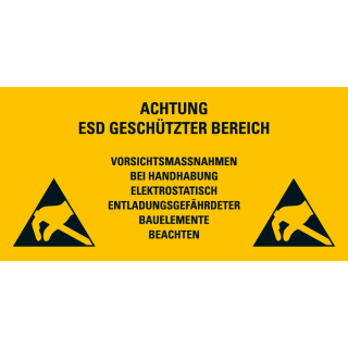 Hinweisschild: ACHTUNG ESD Geschützter Bereich Vorsichtsmassnahmen bei Handhabung elektrostatisch entladungsgefährdeter Bauelemente beachten, Kunststoff, 600 mm x 300 mm, 1 Stück
