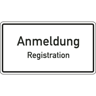 Hinweisschild: Anmeldung / Registration, zweisprachig, Aluminium reflektierend, 600 x 330 mm, 1 Stück