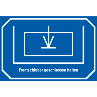 Hinweisschild: Frontschieber geschlossen halten mit Zeichnung, blau-weiß, Folie selbstklebend, 150 x 100 mm, 1 Stück